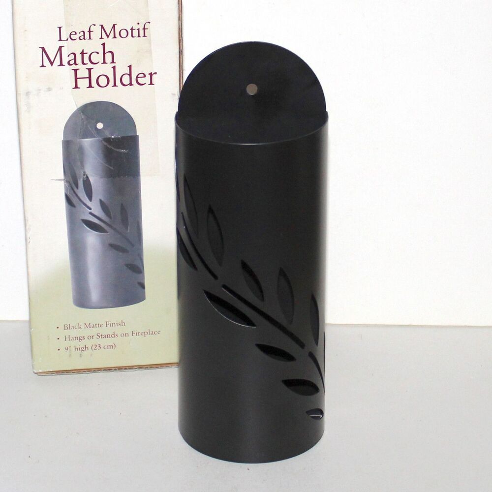 Fireplace long Match Holder black matte metal leaf motif modern NEW 9" hanging